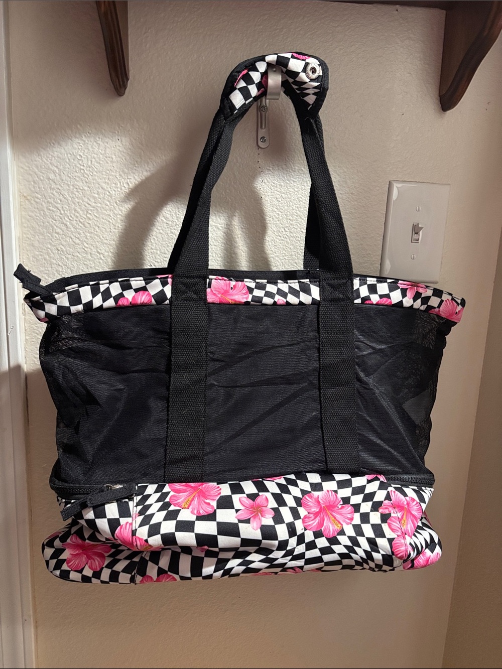 Black Tote Bag with Pink Floral Checker Trim